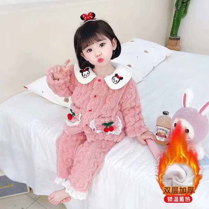 X005女童冬季米奇樱桃居家加绒套装