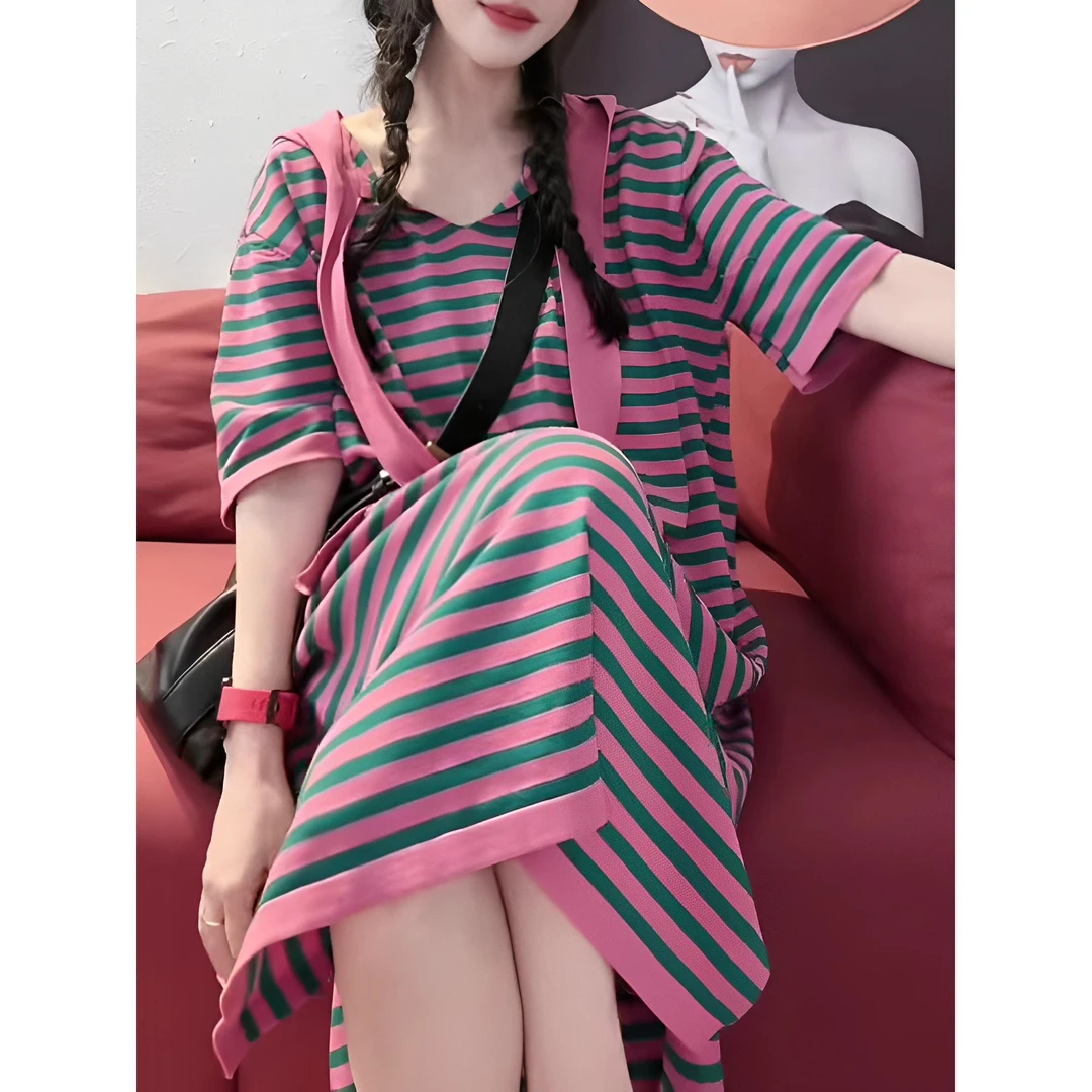 洋气减龄粉色条纹韩系气质中长款连衣裙女高级感漂亮针织裙子夏季