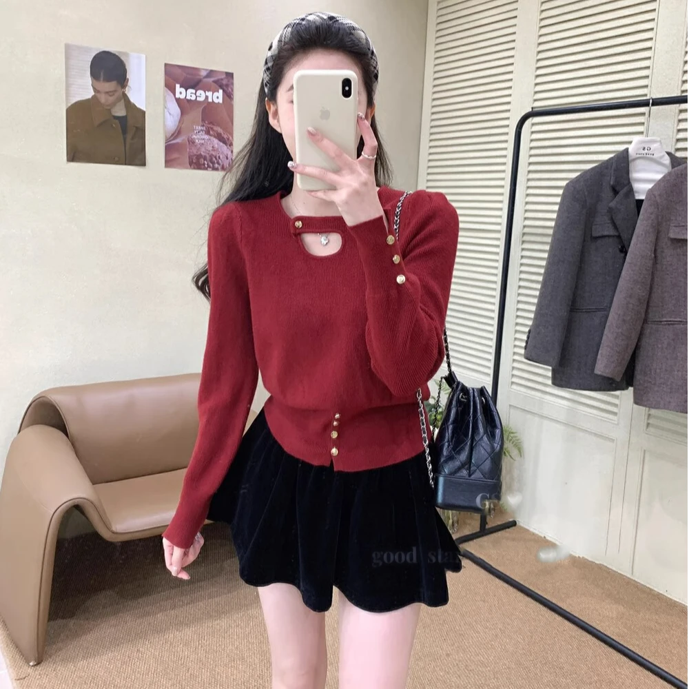 设计感套头针织上衣女2024秋冬新款气质修身短款别致长袖毛衣内搭