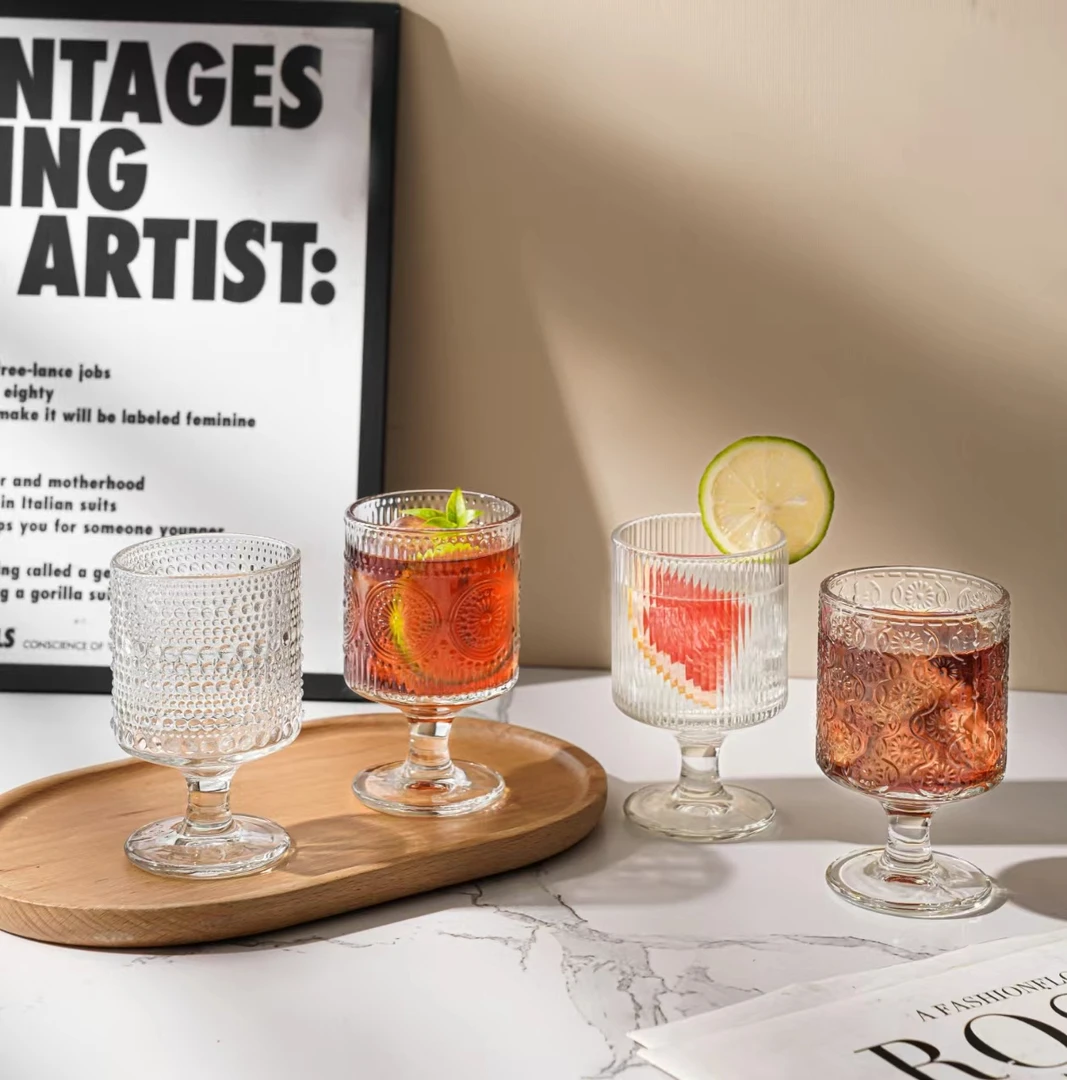 【4只混合花纹】古典高颜值加厚酒杯玻璃果汁杯甜品高脚杯网红复古