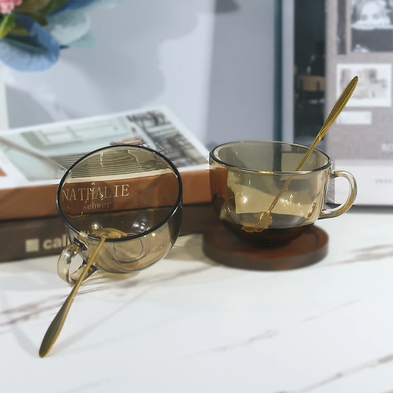 2只装茶色牛奶杯家用玻璃杯燕麦水杯泡茶早餐杯【赠2只樱花勺】