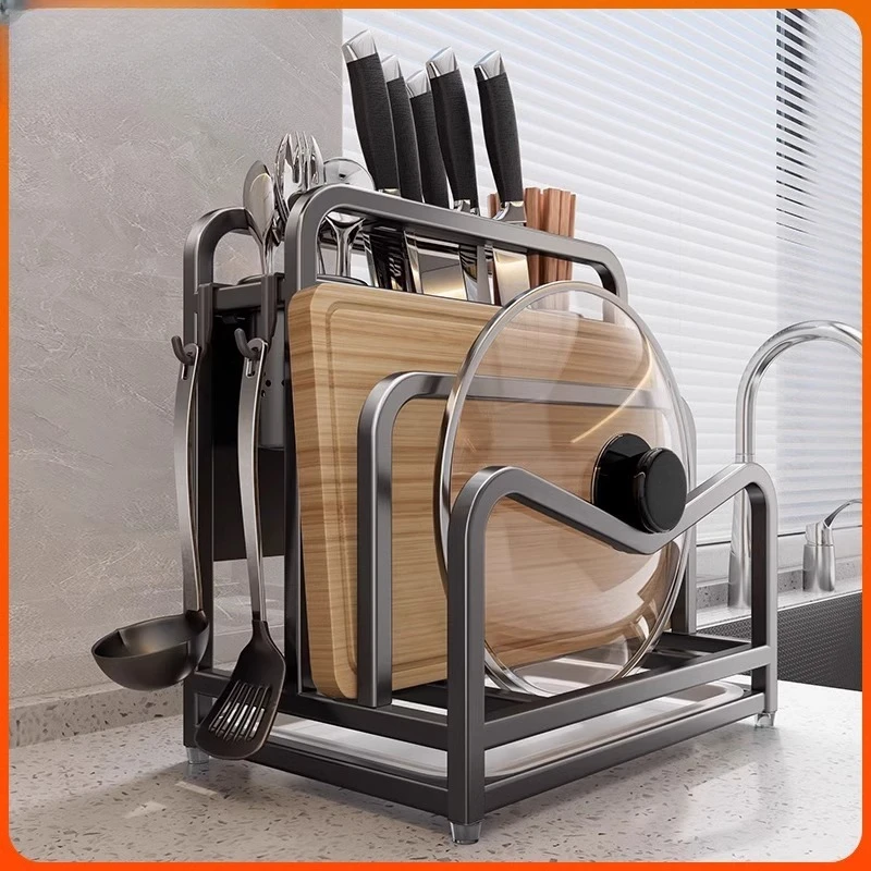 枪灰不锈钢厨房刀架置物架台面菜板架筷笼菜刀一体砧板刀具收纳架