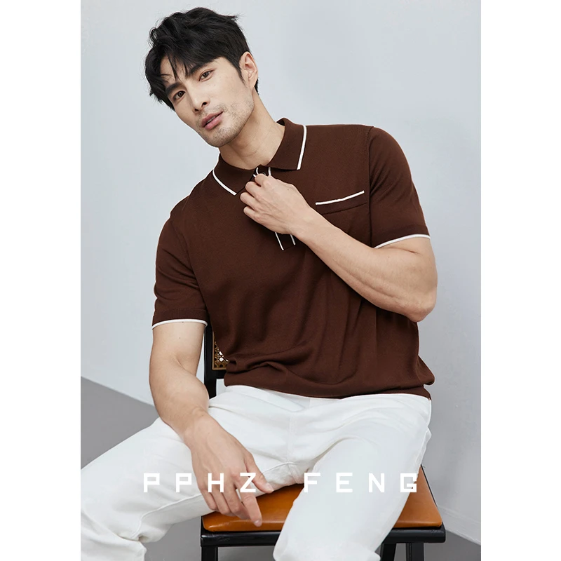 复古美式绅士 重磅三醋酸 拼色罗纹休闲针织翻领T恤短袖POLO衫男
