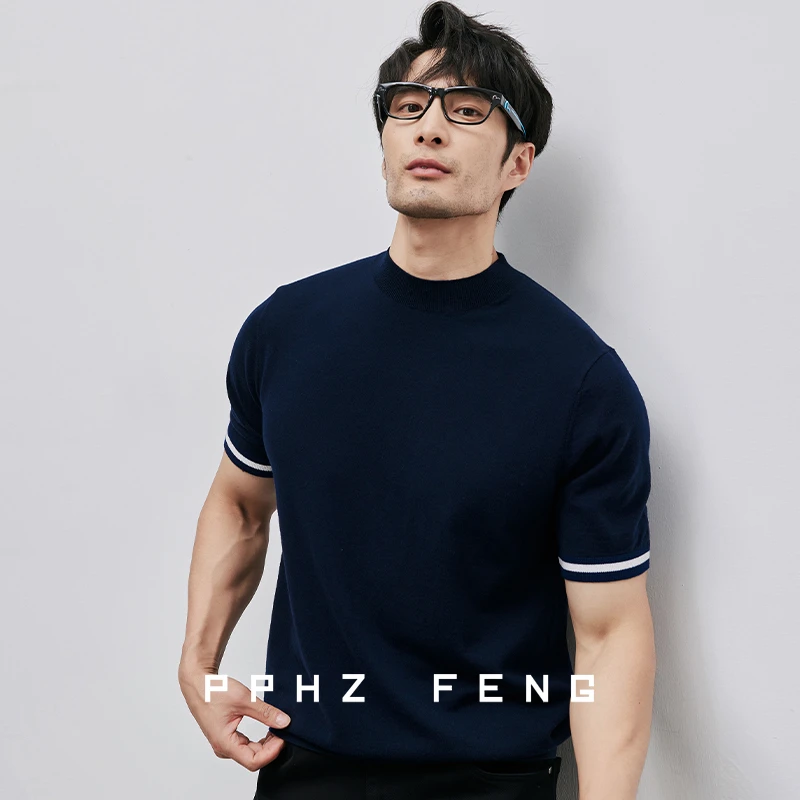 时尚帅气罗纹~100%美丽诺纯羊毛 秋冬针织打底半高领短半袖毛衣男