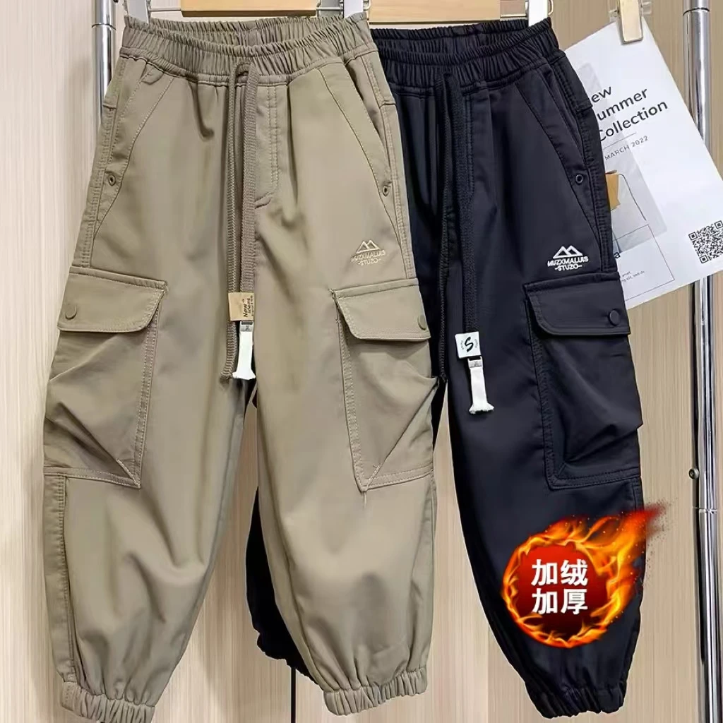 {现货}冬季2025加绒工装裤中大童加厚休闲裤一体薄绒宽松束脚裤