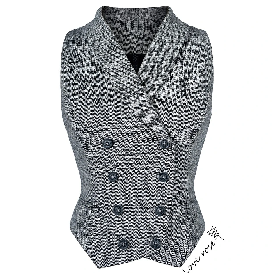 原创设计 秋冬女士灰色双排扣毛呢背心马甲 短款骑士马夹