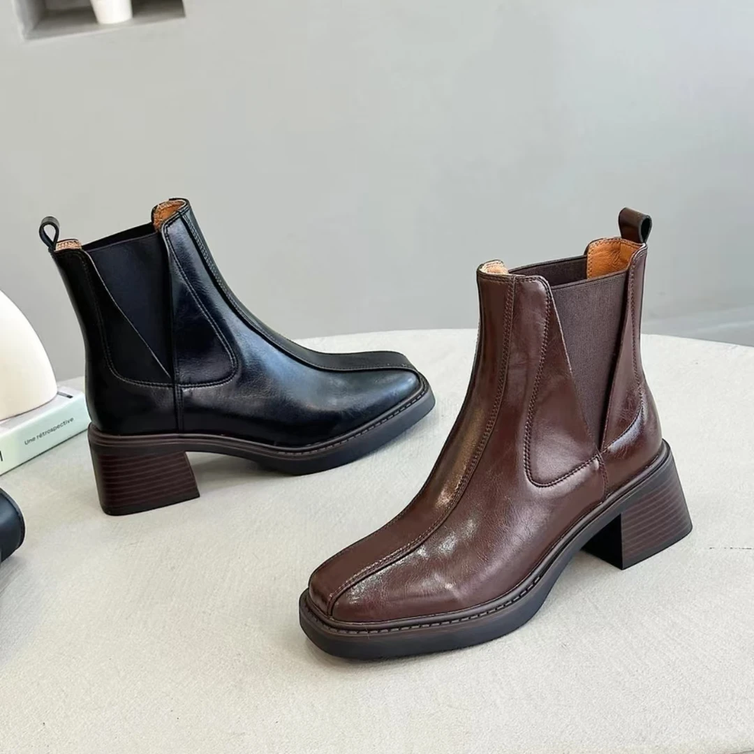 2024秋冬款粗跟切尔西靴中跟时尚百搭方头女鞋9529