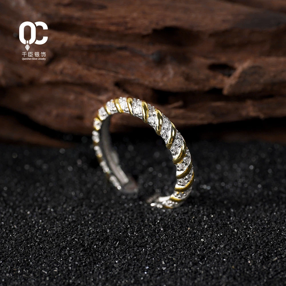 千臣 925银合成锆石戒指 双色缠绕开口戒指手工时尚轻奢百搭