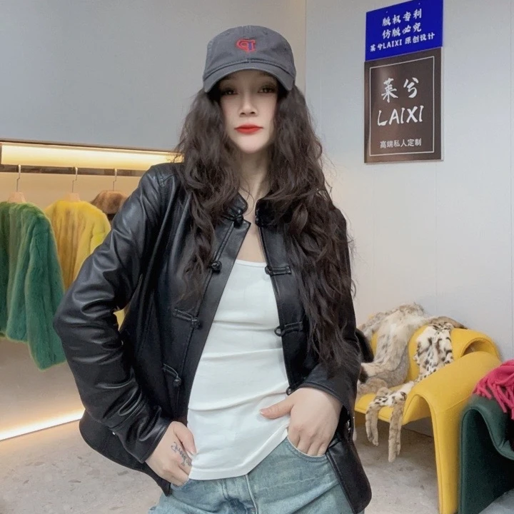 LAIXI/莱兮设计师原创风格国风真皮短款修身皮衣外套衣长58CM