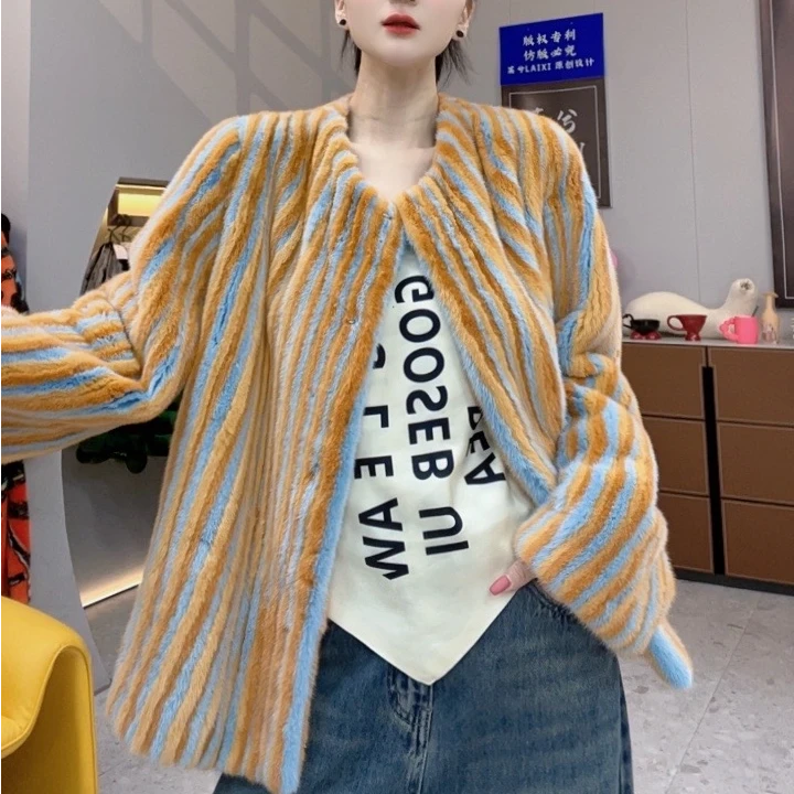 LAIXI/莱兮设计师风格原创超重工夹花时尚短款水貂外套 衣长60CM