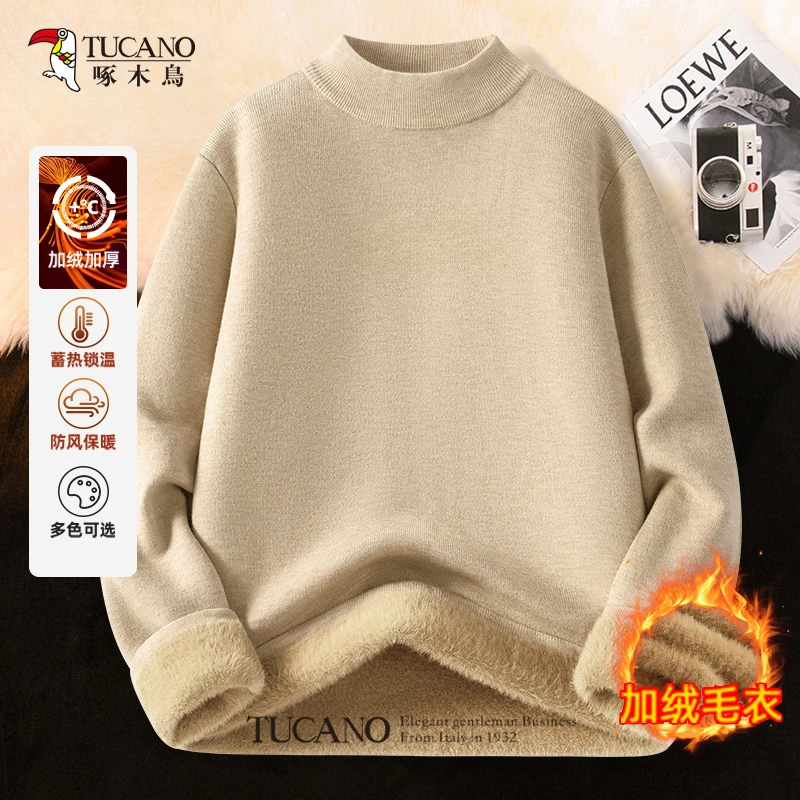 啄木鸟半高领毛衣男款冬季加绒加厚重磅保暖套头衫男士内搭针织衫