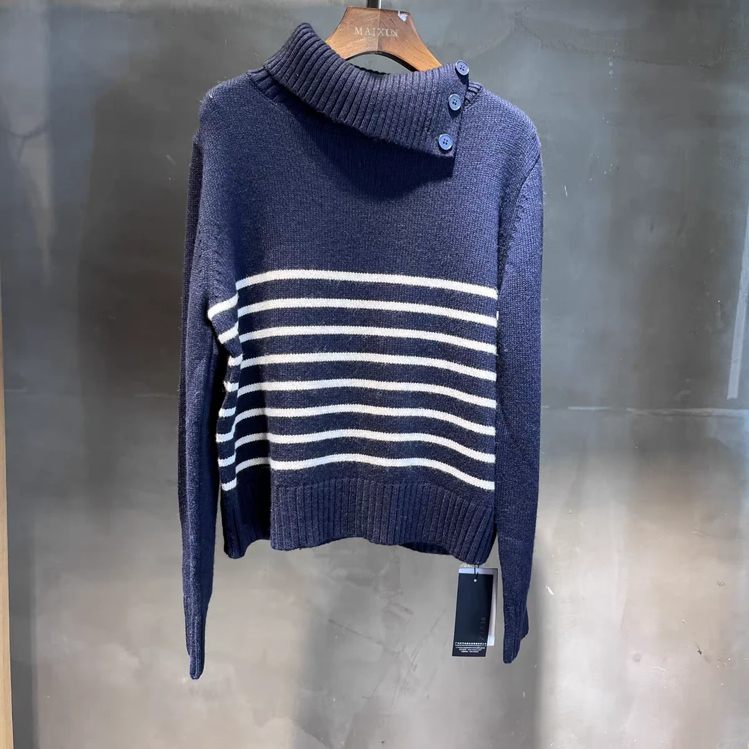 麦寻MYTZQ014冬季新款复古新法式高领纽扣毛衣条纹上衣衣长58