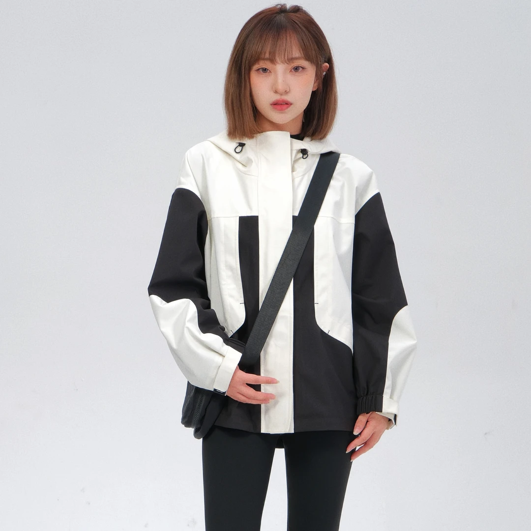 CO&SHENG小个子150秋冬新品连帽工装风冲锋衣女黑蓝色防风防水