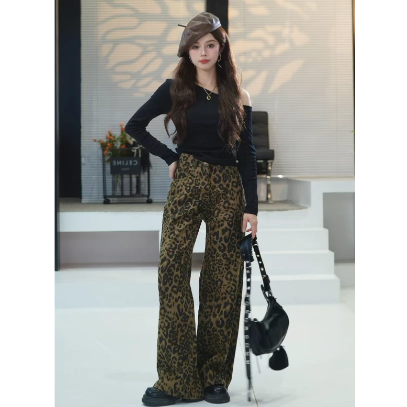 co&sheng城市猎人/小个子秋季新款街头复古风豹纹高腰直筒休闲裤
