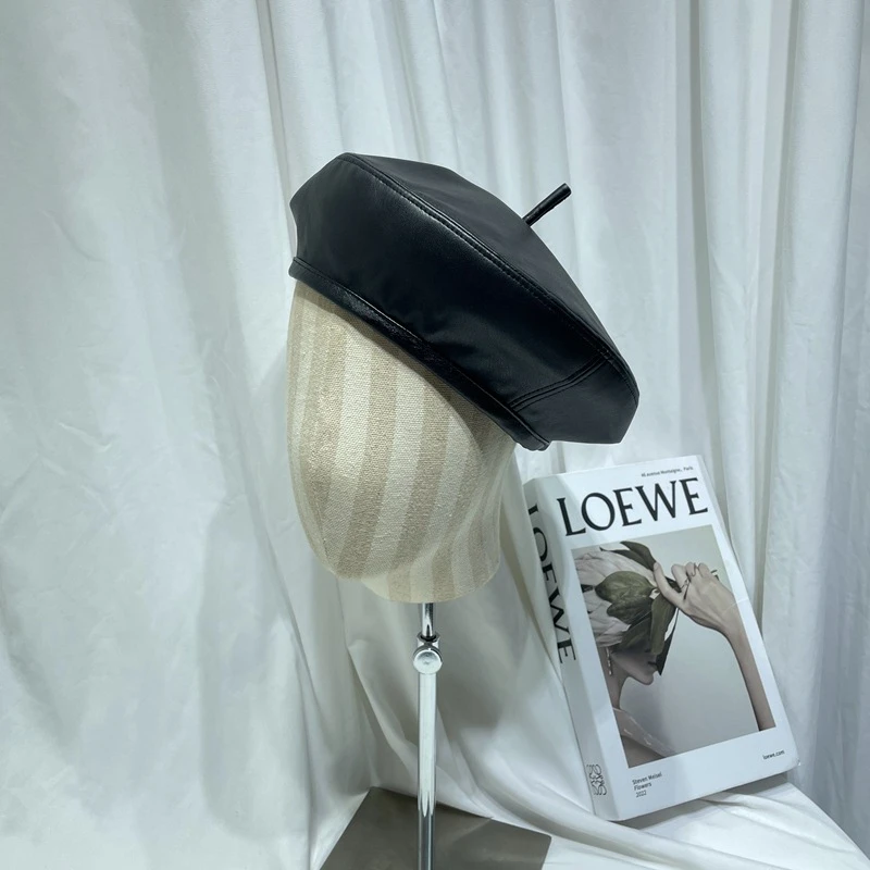 法式复古英伦秋冬黑色PU皮贝雷帽子女潮韩版百搭画家南瓜帽显脸小