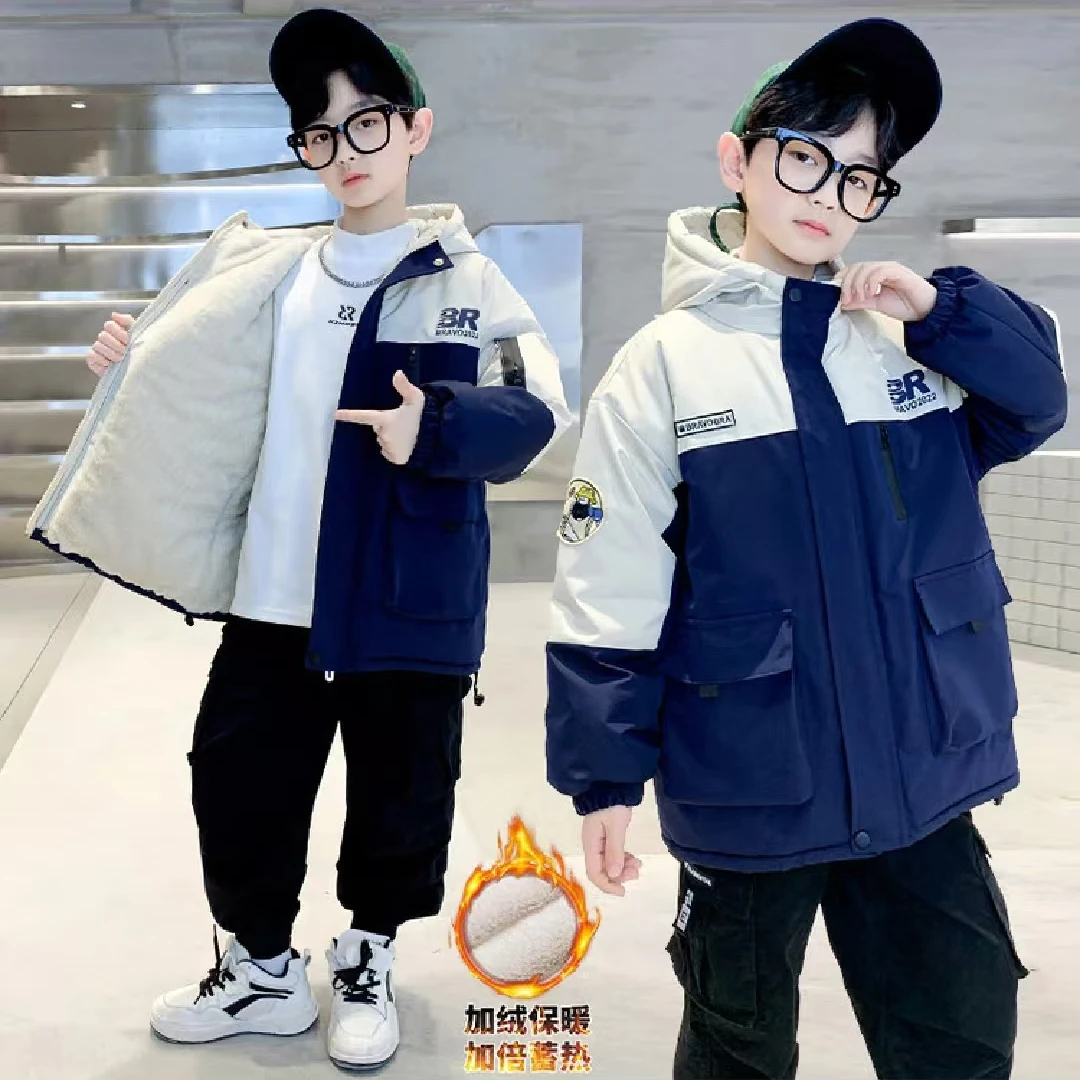 四【秋冬加绒加厚】男童棉服外套2024年新款潮中大童外套冲锋衣棉服
