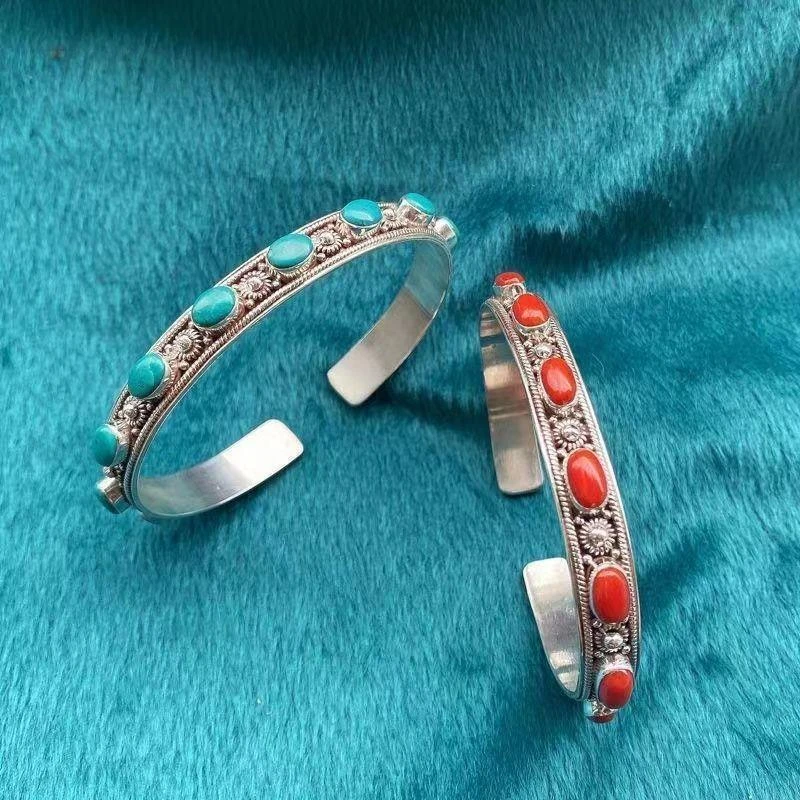 铜合金手镯 小众高档时尚手工绿石复古创意个性藏式彩色手镯开口