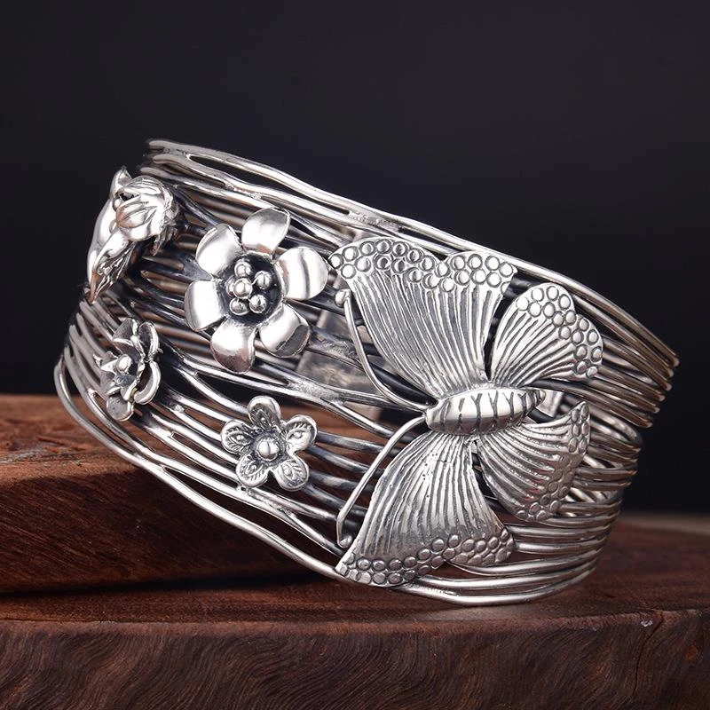 铜合金手镯 复古做旧典雅气质民族风蝴蝶花拉丝镂空开口手镯女款