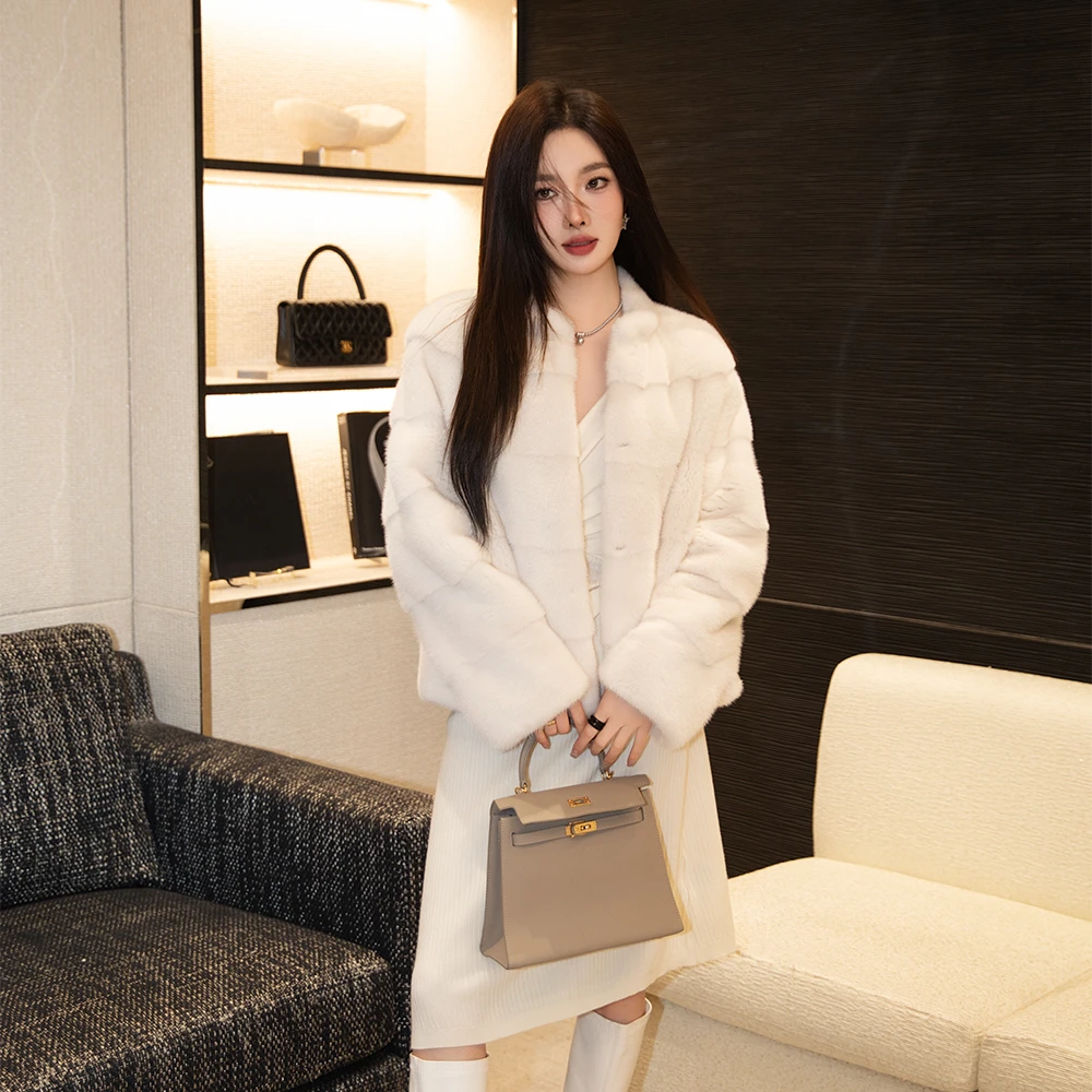 【娅尔弗斯】丹麦进口紫金短二大横排艾玛灰短款水貂外套皮草大衣女