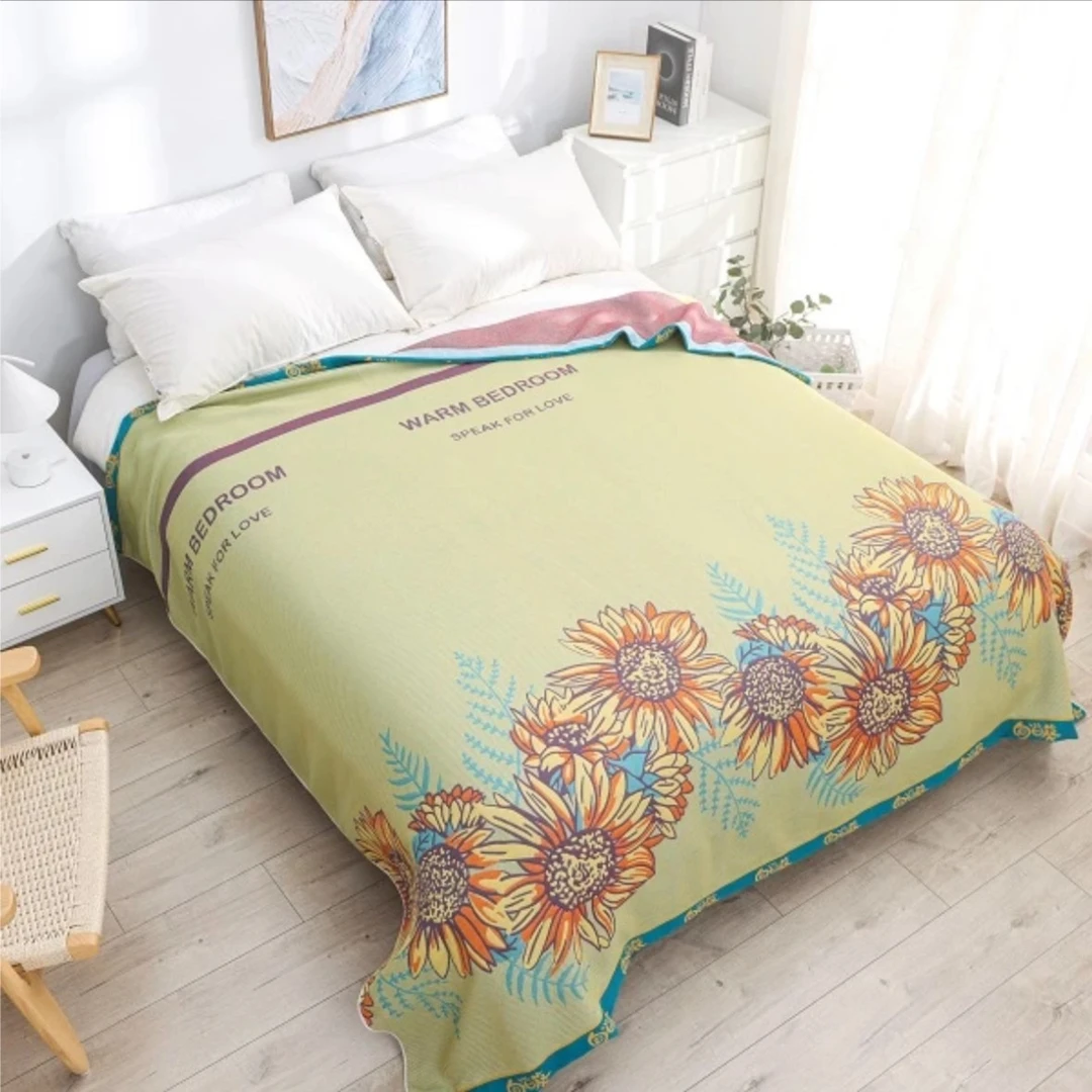 【向日葵花】2*2.3m亚麻棉新款斜纹编织多功能床盖纱布沙发盖毯