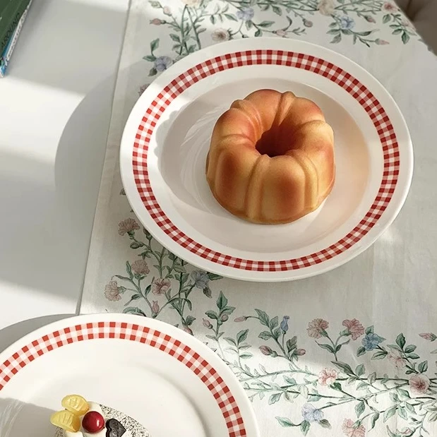 复古小清新可爱红格子釉上彩陶瓷8寸格子边盘平盘家用餐具早餐盘