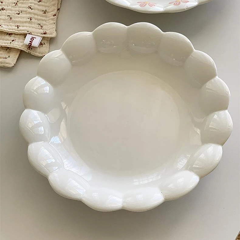 韩式ins风花瓣边釉下彩家用陶瓷8英寸纯色盘子早餐盘点心盘菜盘