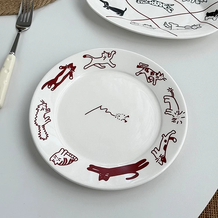 韩国餐盘复古可爱卡通红色猫咪狗狗小猫小狗盘子陶瓷家用圆形菜盘