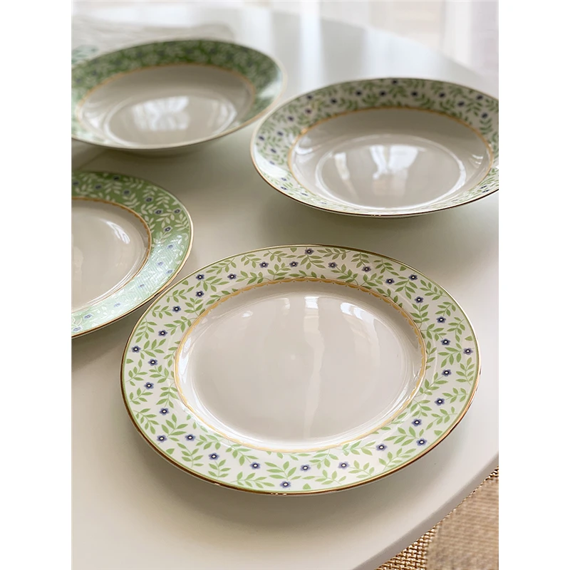 ins风精致金边陶瓷盘苹果绿小花釉上彩8寸西餐盘家用菜盘早餐盘