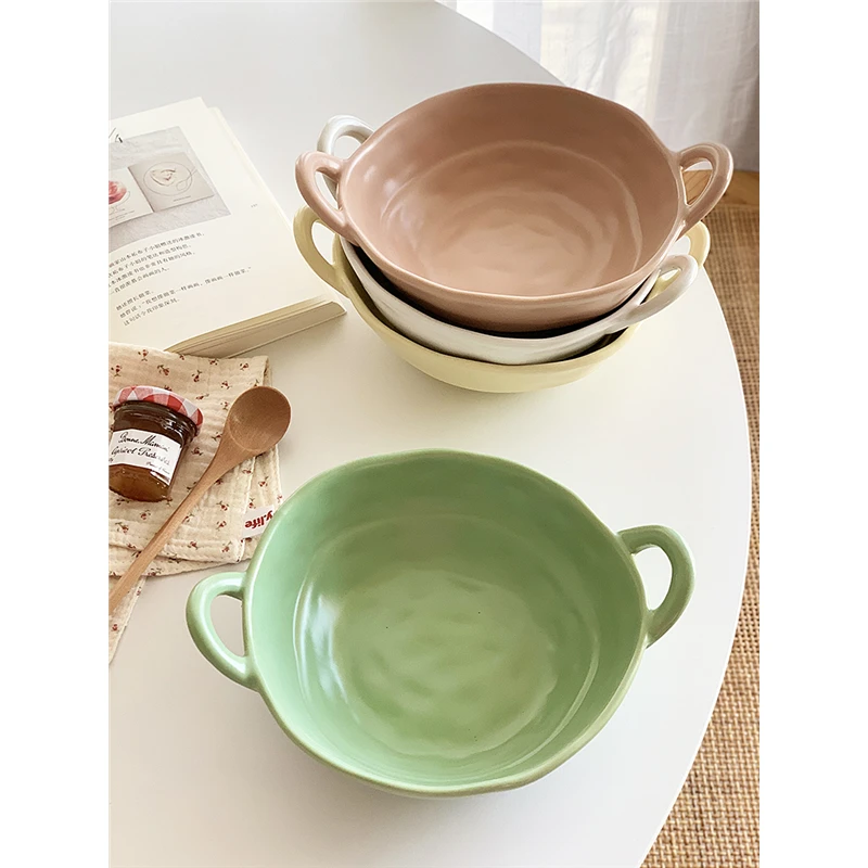 韩式风绿色哑光不规则双耳碗6.5寸手捏陶瓷家用烤碗早餐碗焗饭碗
