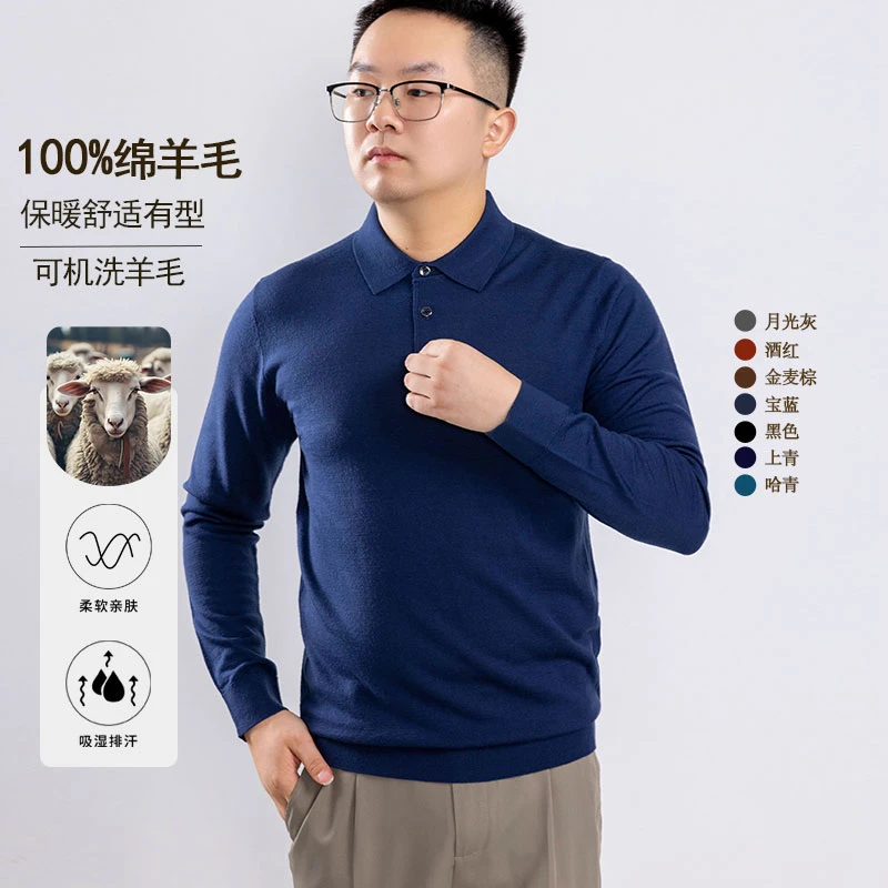 【精纺纯羊毛】澳洲美丽诺纯羊毛翻领透气可机洗男士羊毛打底衫