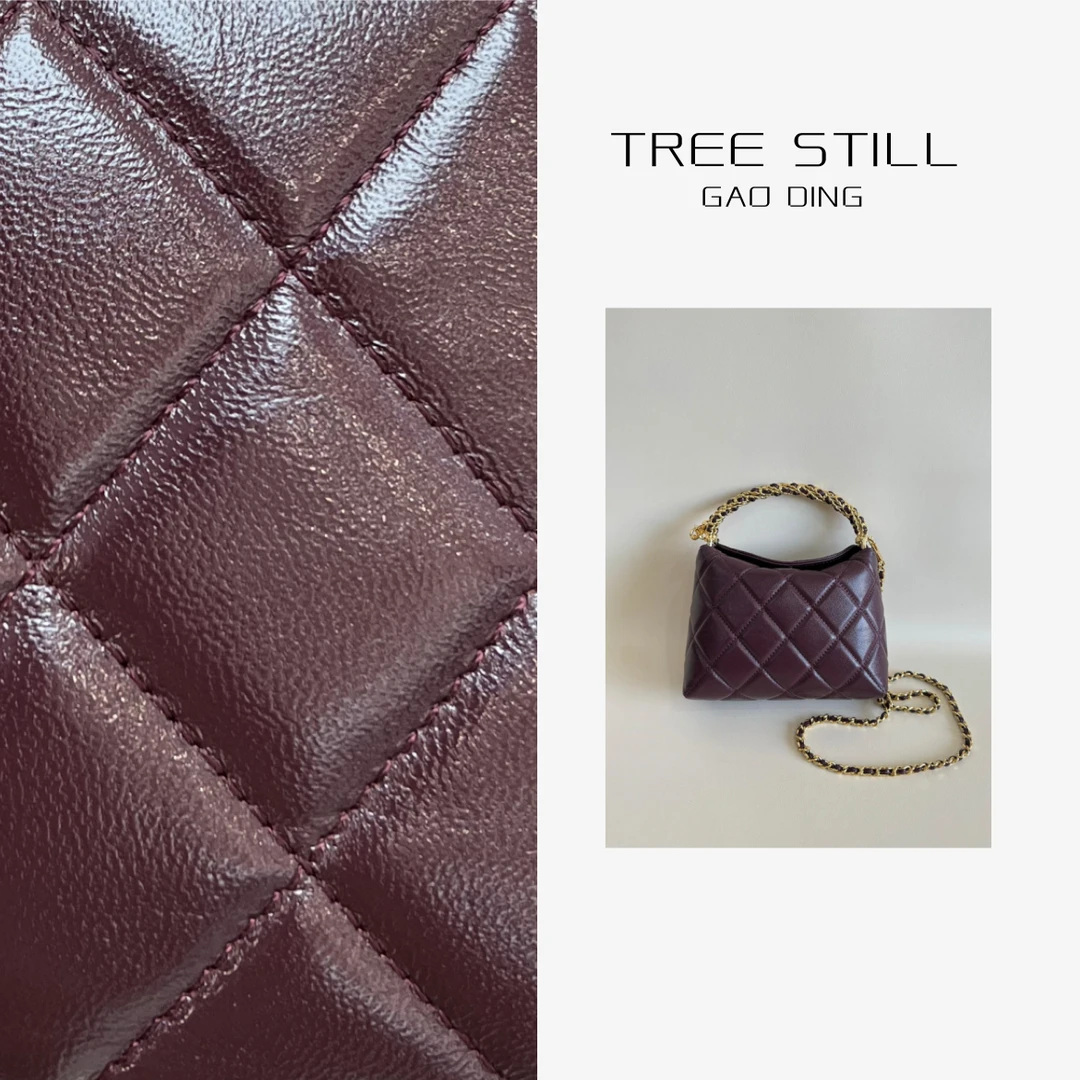 新款小香风女包黑金羊皮链条麻花手柄斜挎包736枣红