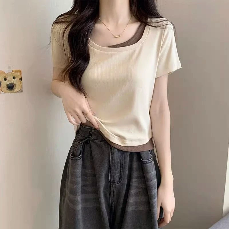 方领短袖T恤女夏季新款设计感小众撞色假两件短款修身上衣女显瘦