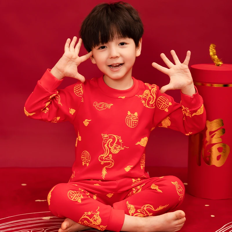 儿童本命年红色内衣套装纯棉男童秋衣秋裤龙年中大童宝宝线衣线裤