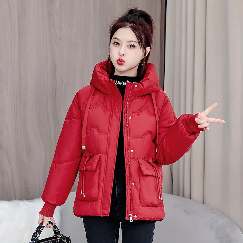 新款连帽短款宽松时尚安哥拉红2024年爆款小个子女装棉衣