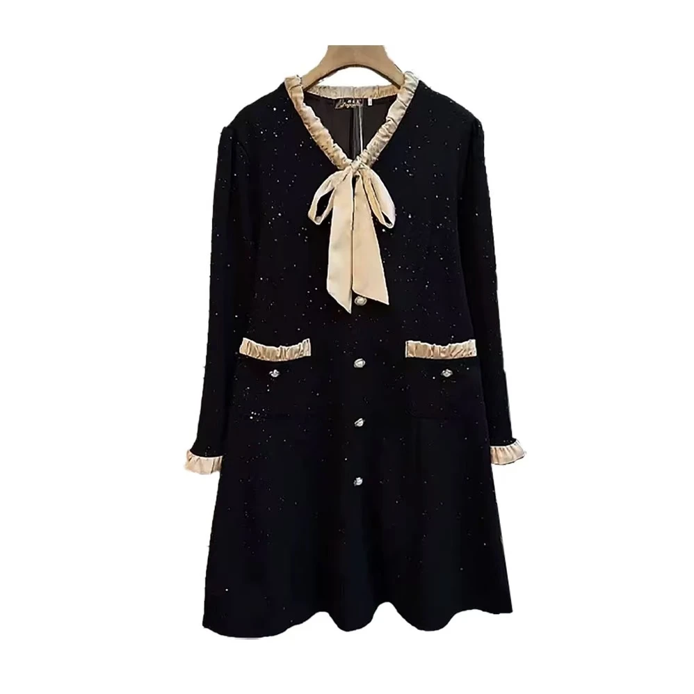 名媛轻熟风收腰显瘦裙子设计感新款系带蝴蝶结小黑裙加大码连衣裙