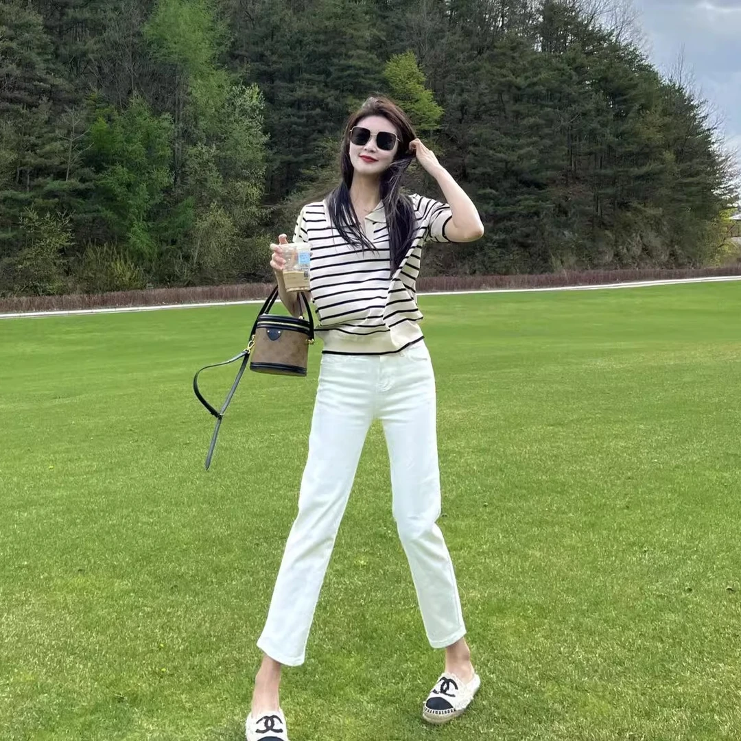 Nana 漂亮就行  秋季白色直筒九分裤高腰百搭气质牛仔裤弹力显瘦i