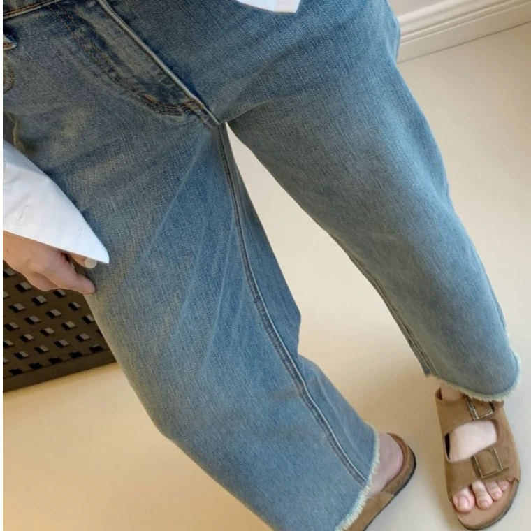 春夏季高腰宽松法棍牛仔裤女九分毛边法式直筒阔腿烟管裤小个子潮