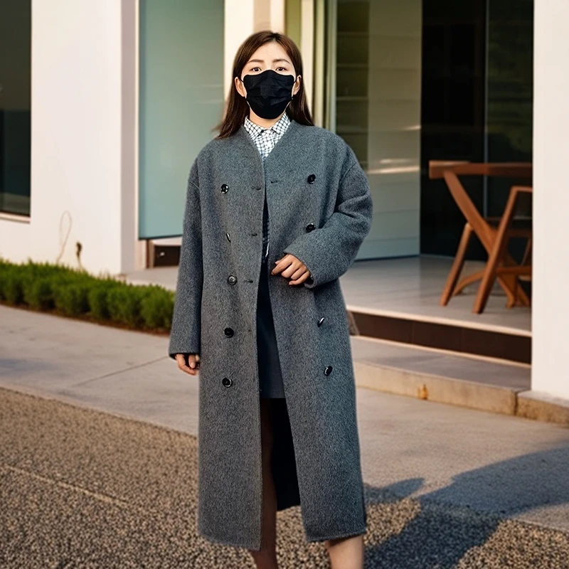 灰色围巾款大衣双面呢大衣2024秋冬新款女神白领毛呢百搭长款