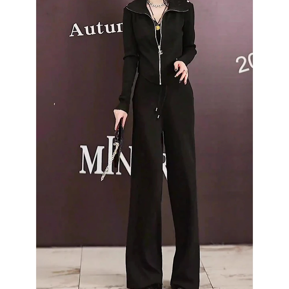 2025休闲时尚大码女装秋冬季新款拉链开衫黑色减龄上衣两件套女装