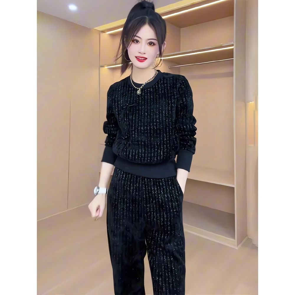 2025年新款轻奢高级感炸街减龄时尚黑色圆领上衣阔腿裤两件套装女