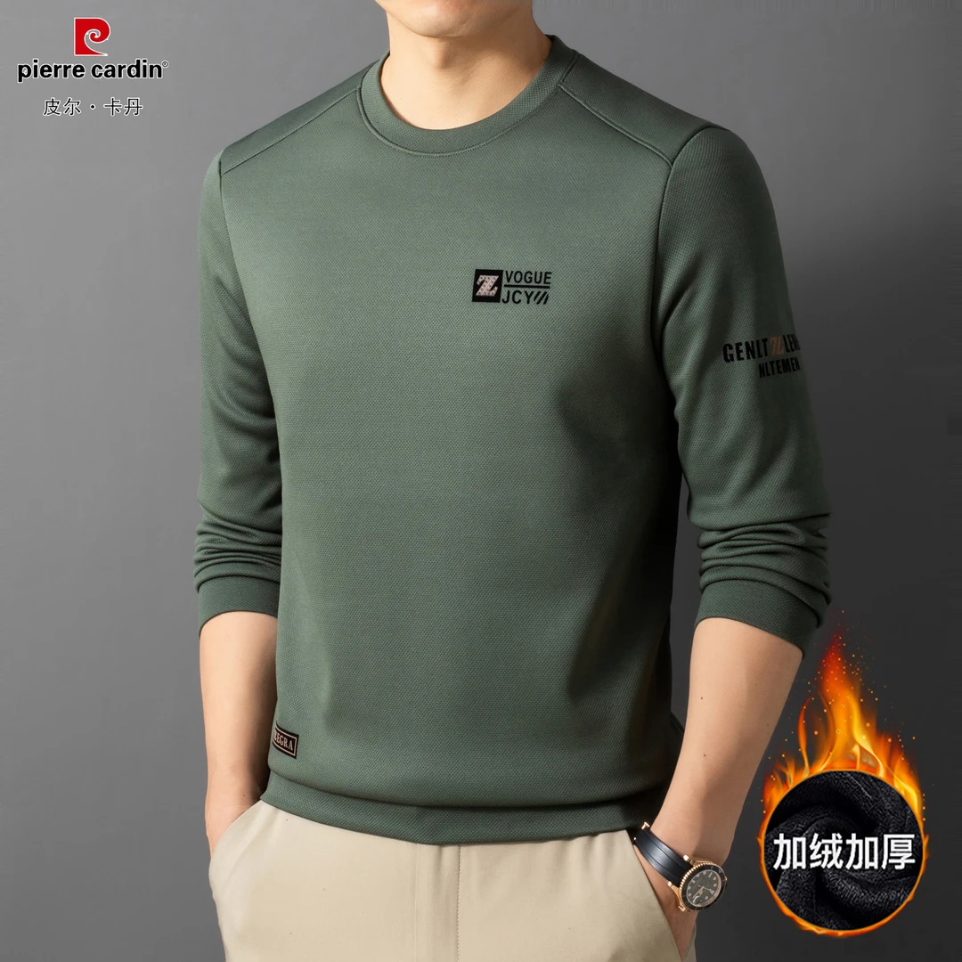 皮尔卡丹冬季新款加绒加厚圆领休闲针织卫衣男装高档休闲保暖上衣