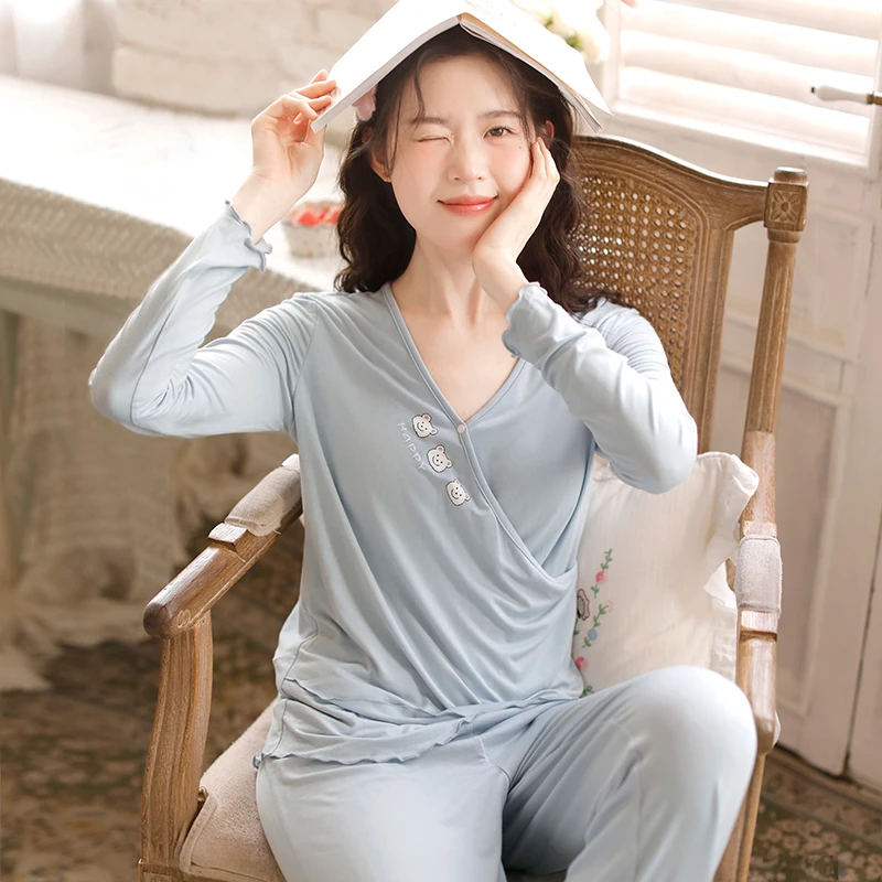 自带胸垫 『快乐熊』打底上衣富朵春夏月子服莫代尔哺乳孕产妇睡衣