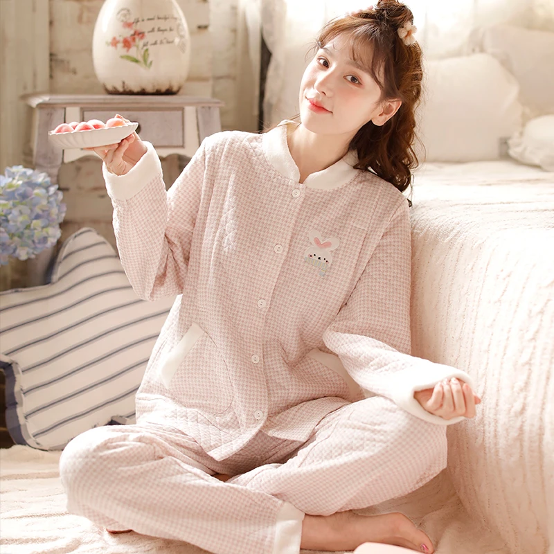 『围巾兔』富朵秋冬空气棉刺绣月子服夹棉产后哺乳春孕期家居服睡衣