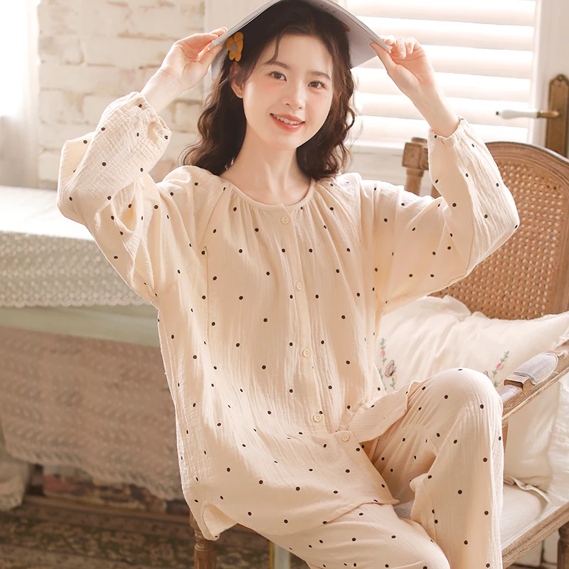 『波点』富朵月子服拉链款春夏纯棉纱布产后哺乳孕妇待产睡衣家居服