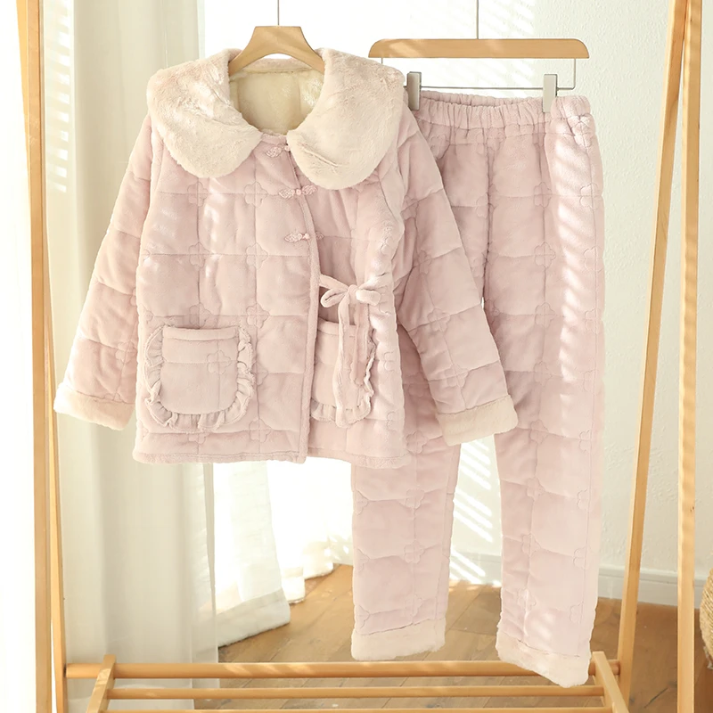 富朵秋冬季三层夹棉孕妇睡衣加绒加厚月子服法兰绒可外穿家居服