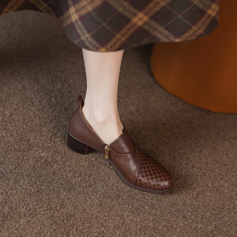 4cm/羊皮/粗跟深口单鞋女高级感拼色舒适圆头侧拉链秋冬小皮鞋女