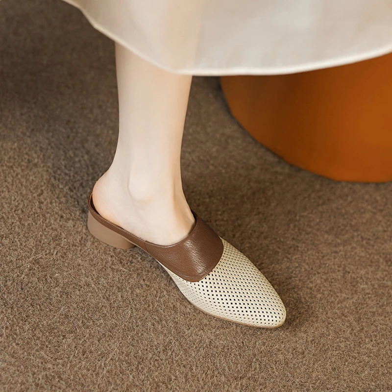 3cm/羊皮/真皮镂空包头半拖鞋女时尚芒果头舒适中粗跟拼色穆勒鞋