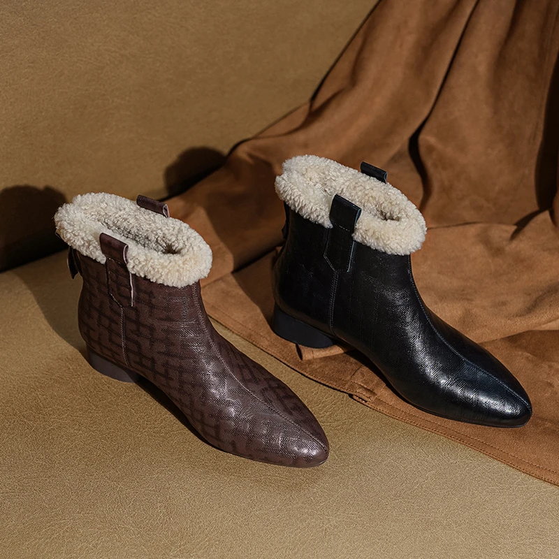 3cm/羊皮/真毛加厚冬季短靴女时尚芒果头软底软面时尚粗跟皮靴子