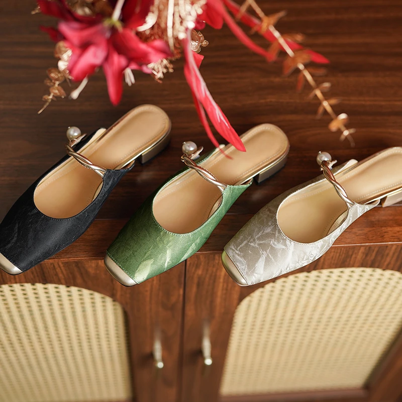 2.5cm/牛皮/国风真皮包头半拖鞋女时尚外穿高级感撞色粗跟凉拖女
