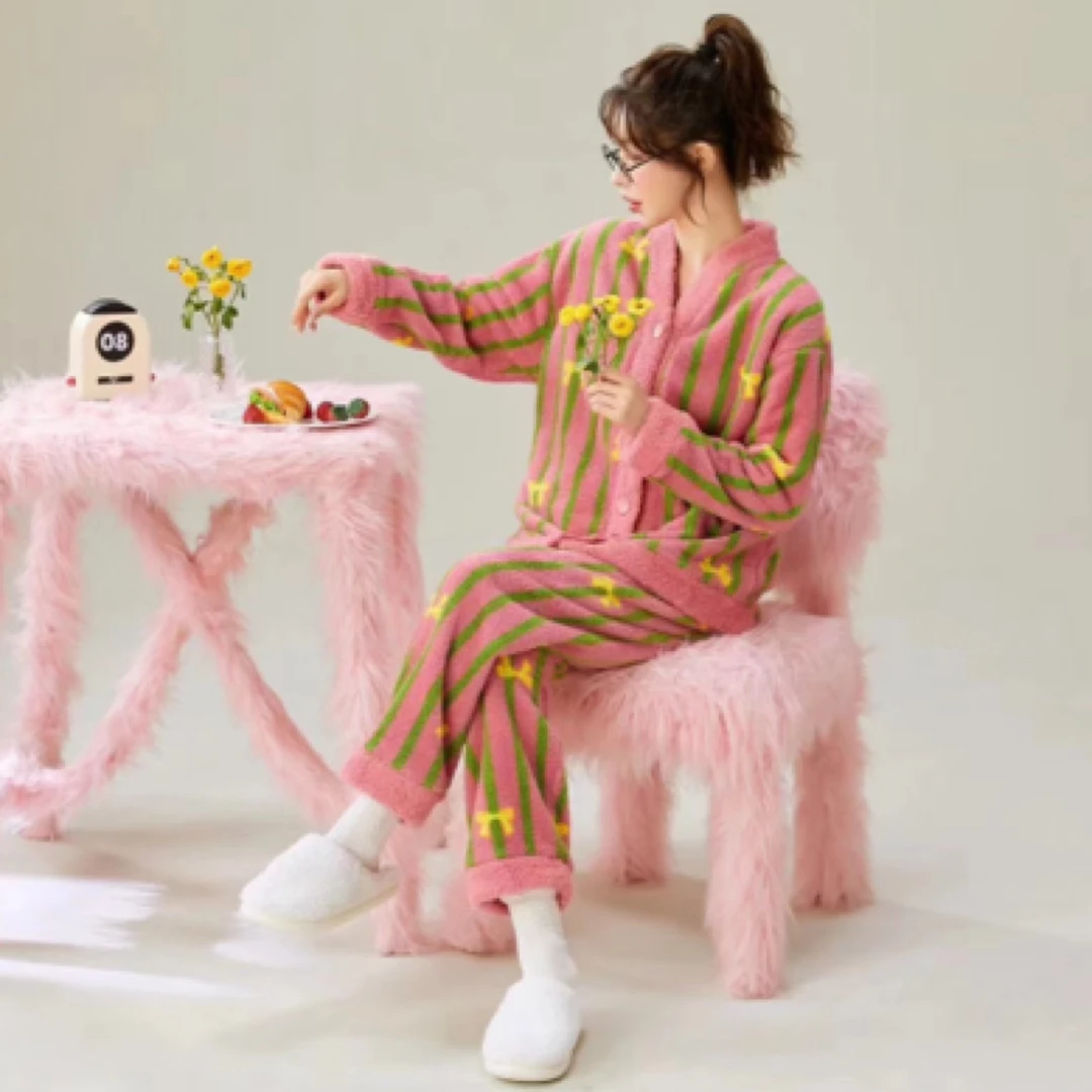 【直播间专属】撞色蝴蝶结可外穿半边绒睡衣家居服DDXY203